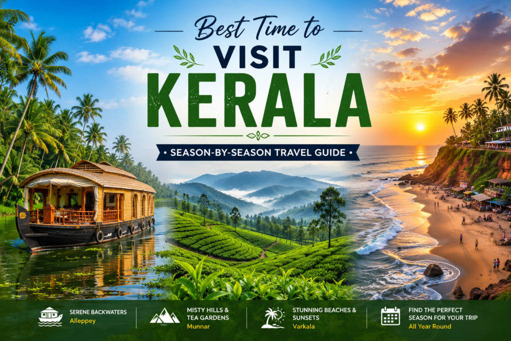 Best Time to Visit Kerala featuring Alleppey houseboat, Munnar tea gardens, and Varkala beach during different travel seasons.
