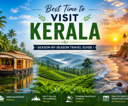 Best Time to Visit Kerala featuring Alleppey houseboat, Munnar tea gardens, and Varkala beach during different travel seasons.